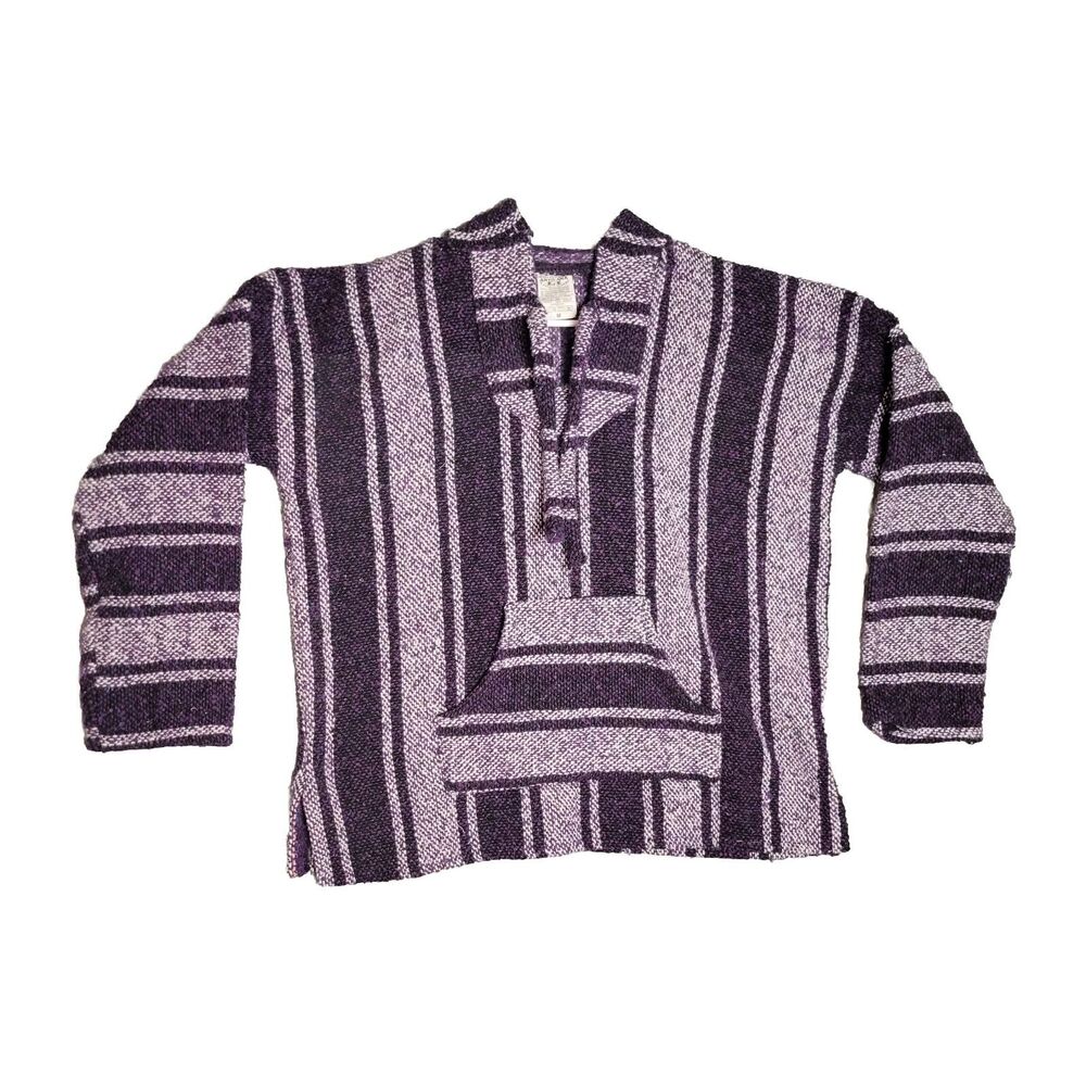 90s Mexico Drug Rug Baja Hoodie Adult Med Pullover Poncho Green & Black Vintage